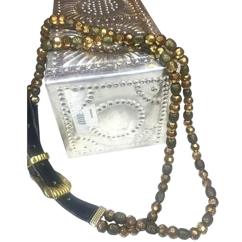 Expres! Womens Beaded Belt Medium Bronze r Brass Buckle Dressy Casual